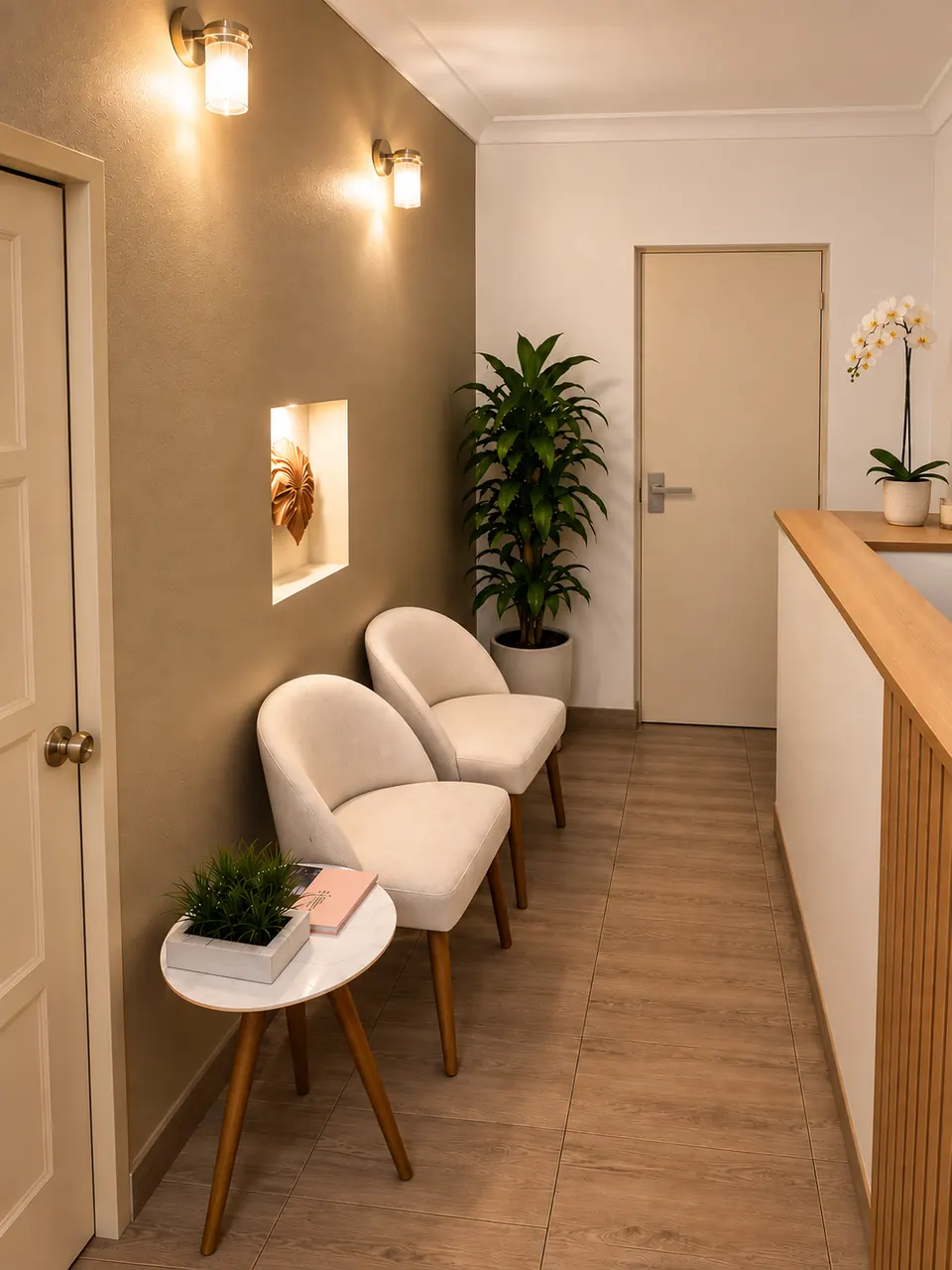 Pasillo de espera de Eunoia Spa con sillones claros, plantas y luz cálida.