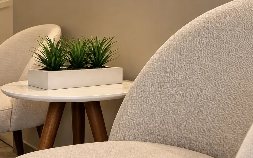 Sillón claro y mesa auxiliar con plantas en la sala de espera.