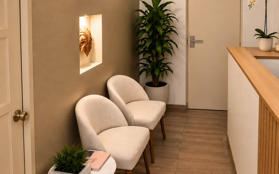 Pasillo de espera con sillones, nicho iluminado y plantas.