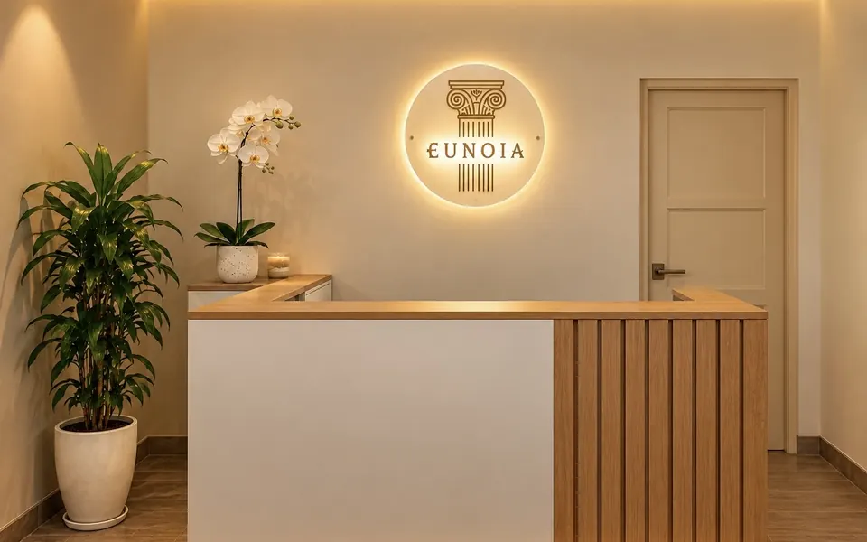 Recepción de Eunoia Spa con el logo iluminado y el mostrador de madera clara.