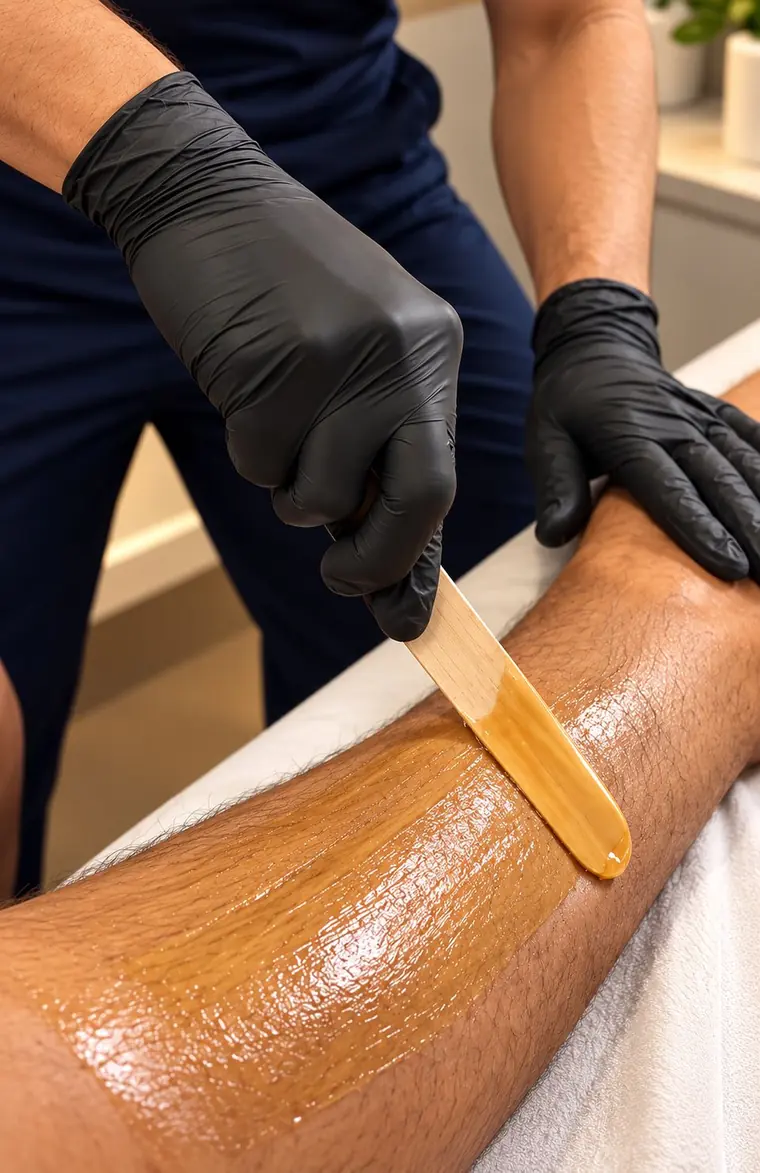 Therapist applying warm wax to a client's leg.