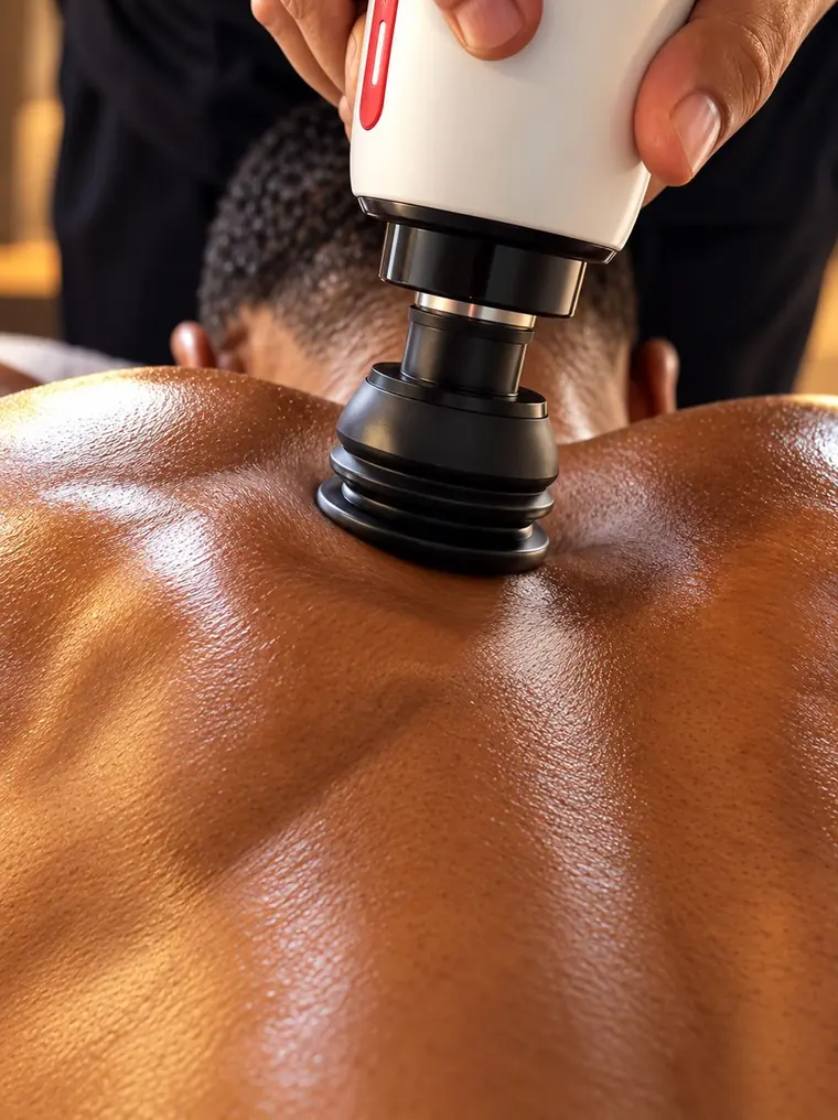 Therapist working a tight trapezius with a percussion device.