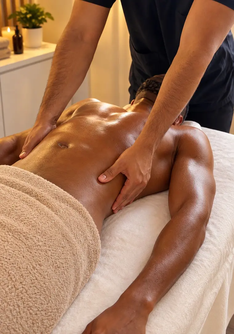 Therapist giving a client a relaxing back massage.